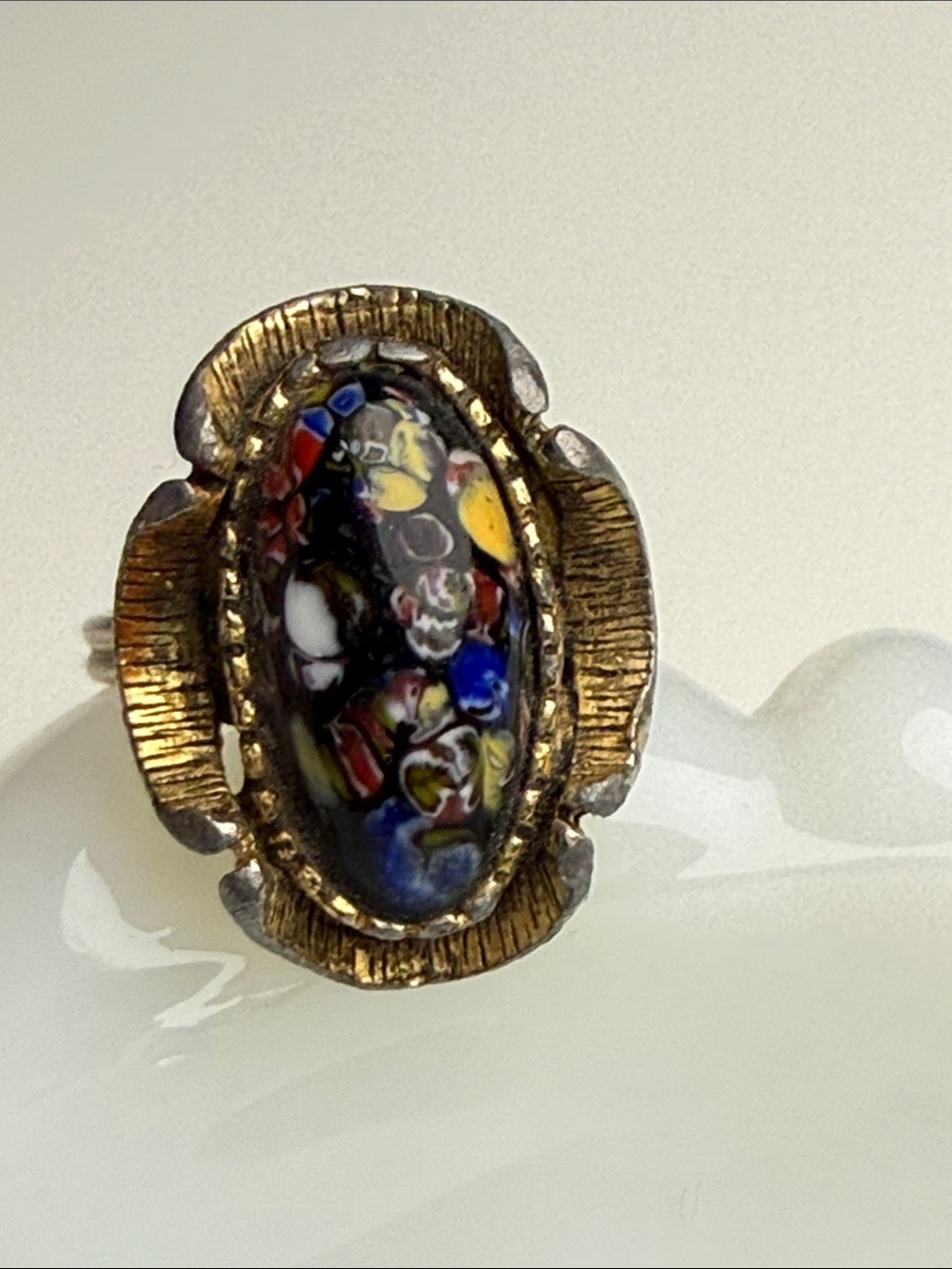 Vintage brutalist distressed adjustable glass and metal statement ring MCM